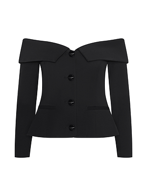 The Ingrid Blazer Top is a black, off-the-shoulder design made from stretch suiting fabric with a wide collar, long sleeves, five large front buttons, and two small front pockets, shown on a white background.