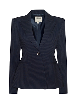 The Therese Blazer features a navy pinstripe design, notched lapel, single button closure, two front welt pockets, a slightly fitted silhouette, and a smooth dark lining.
