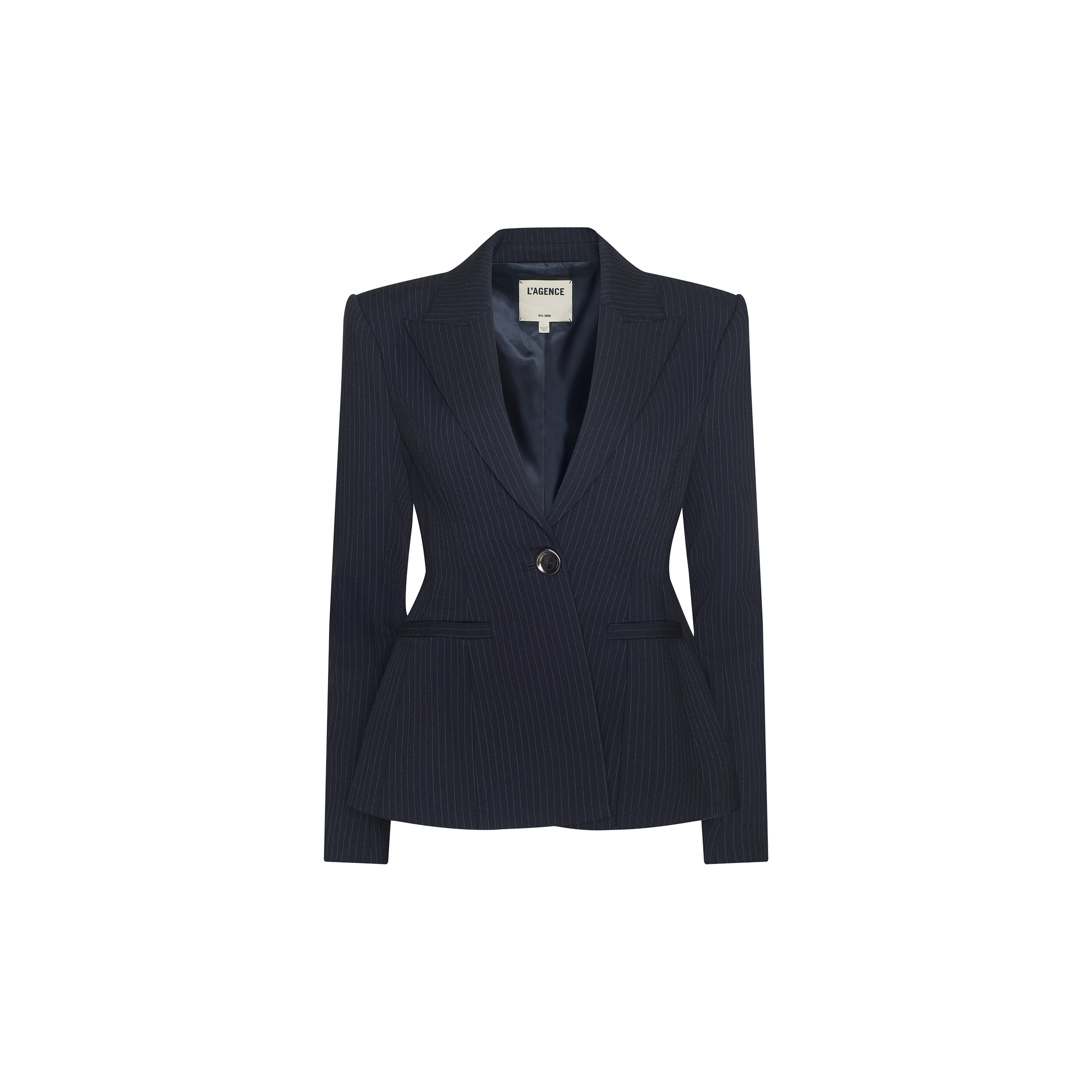The Therese Blazer, a dark navy pinstripe women’s blazer featuring a tailored fit, single front button, notched lapels, and two front pockets, is displayed on a plain white background. This sculptural design presents a modern twist on classic tailoring.