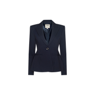 The Therese Blazer, a dark navy pinstripe women’s blazer featuring a tailored fit, single front button, notched lapels, and two front pockets, is displayed on a plain white background. This sculptural design presents a modern twist on classic tailoring.