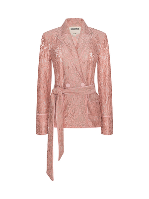 The Jordana Lace Blazer from the After Hours collection features a pink double-breasted design, notched collar, long sleeves, front pockets, and a matching waist belt—ideal for standout Spring 2026 NYFW looks.