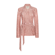 Introducing the Jordana Lace Blazer: a sheer, floral lace pink blazer featuring long sleeves, a notched collar, and a matching fabric belt—an elegant choice for Spring 2026 evenings, showcased against a plain white background.
