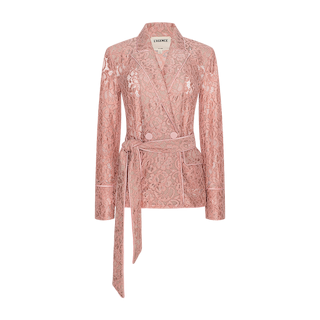 Introducing the Jordana Lace Blazer: a sheer, floral lace pink blazer featuring long sleeves, a notched collar, and a matching fabric belt—an elegant choice for Spring 2026 evenings, showcased against a plain white background.