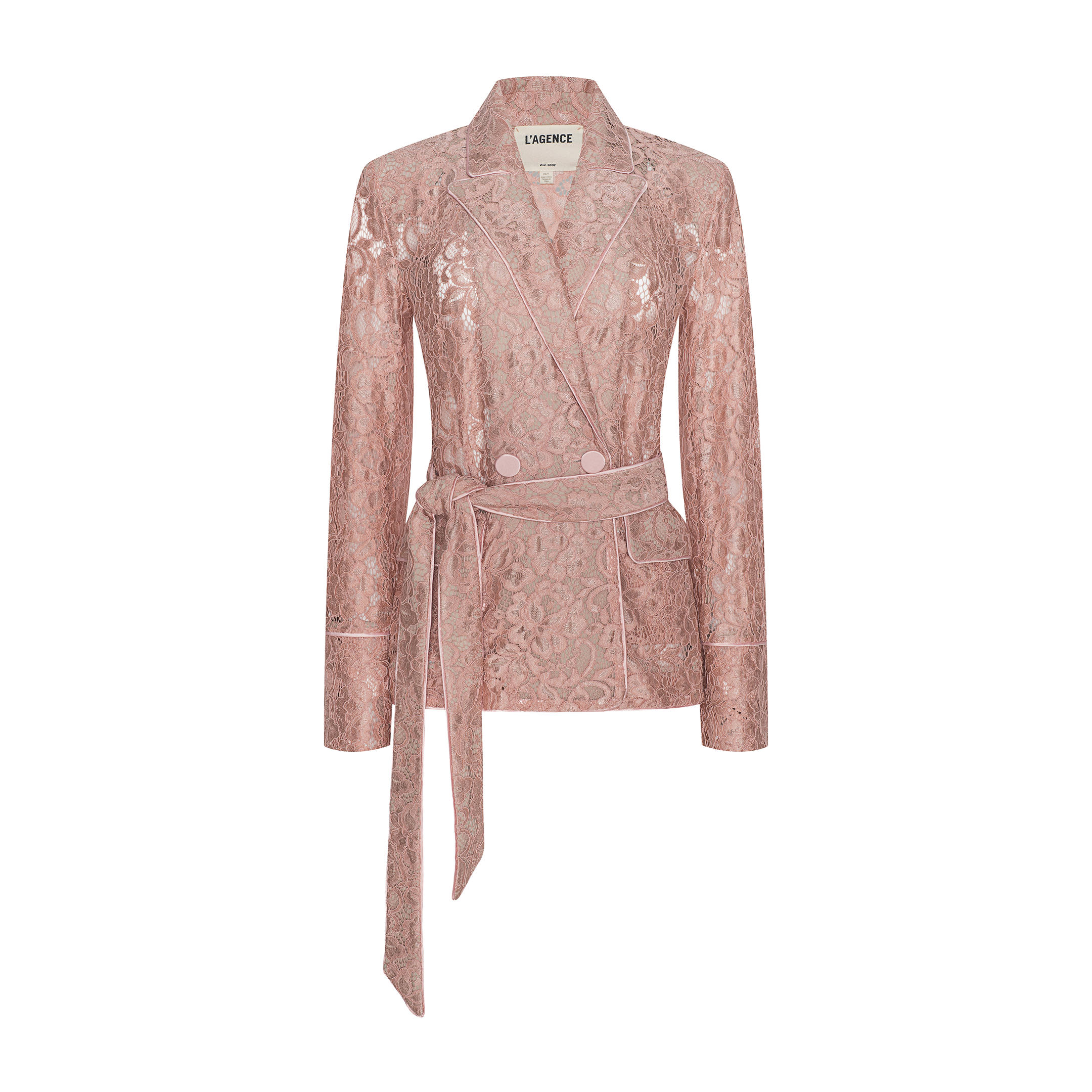 Introducing the Jordana Lace Blazer: a sheer, floral lace pink blazer featuring long sleeves, a notched collar, and a matching fabric belt—an elegant choice for Spring 2026 evenings, showcased against a plain white background.