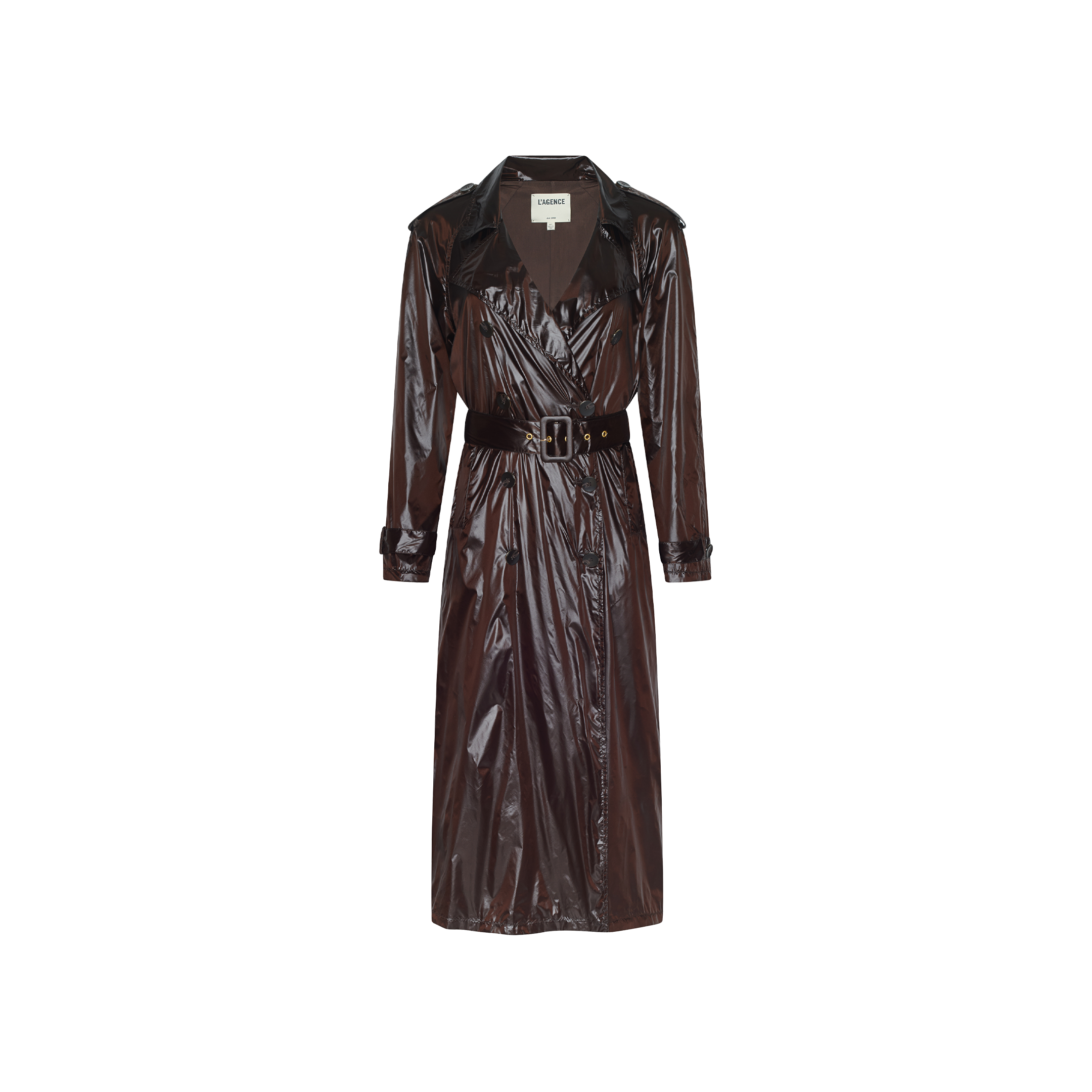 Brinley Nylon Trench Coat in dark brown, featuring an oversized double-breasted fit, a waist belt, wide lapels, and buttoned sleeve tabs.