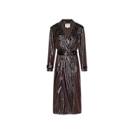 Brinley Nylon Trench Coat in dark brown, featuring an oversized double-breasted fit, a waist belt, wide lapels, and buttoned sleeve tabs.