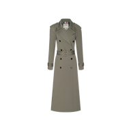 The Brinley Oversized Trench Coat features a long olive-green design with a belted waist, double-breasted buttons, notched lapels, and shoulder epaulets—ideal for Spring 2027 fashion or Paris Fashion Week.