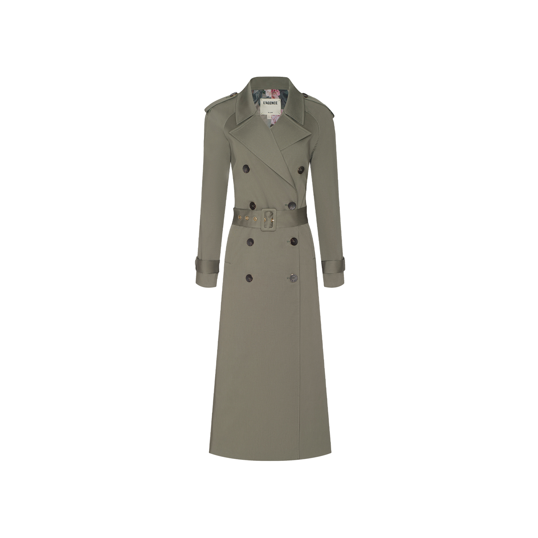The Brinley Oversized Trench Coat features a long olive-green design with a belted waist, double-breasted buttons, notched lapels, and shoulder epaulets—ideal for Spring 2027 fashion or Paris Fashion Week.