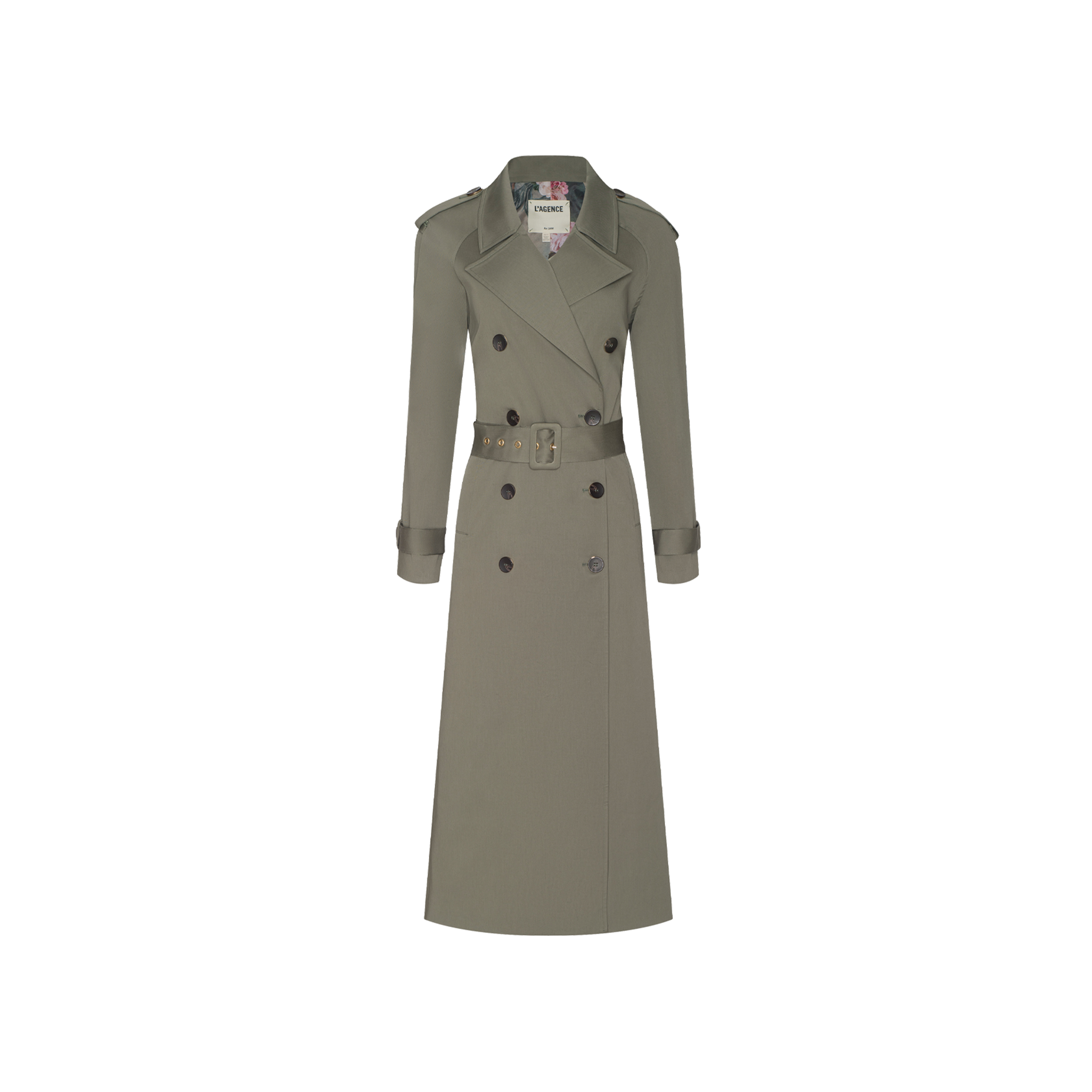 The Brinley Oversized Trench Coat features a long olive-green design with a belted waist, double-breasted buttons, notched lapels, and shoulder epaulets—ideal for Spring 2027 fashion or Paris Fashion Week.