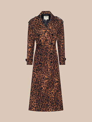 The Brinley Oversized Trench Coat is a long, belted double-breasted trench coat featuring a bold brown and black leopard print pattern, displayed on a plain beige background.