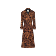 The Brinley Oversized Trench Coat is a long, double-breasted leopard print trench featuring a brown and black pattern, notched collar, and long sleeves, displayed on a plain white background.