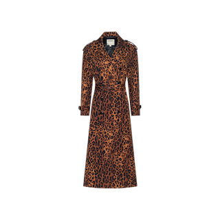 The Brinley Oversized Trench Coat, featuring a long silhouette in a brown and black leopard print with a wide collar, buttoned cuffs, and a belted waist, is displayed on a plain white background.