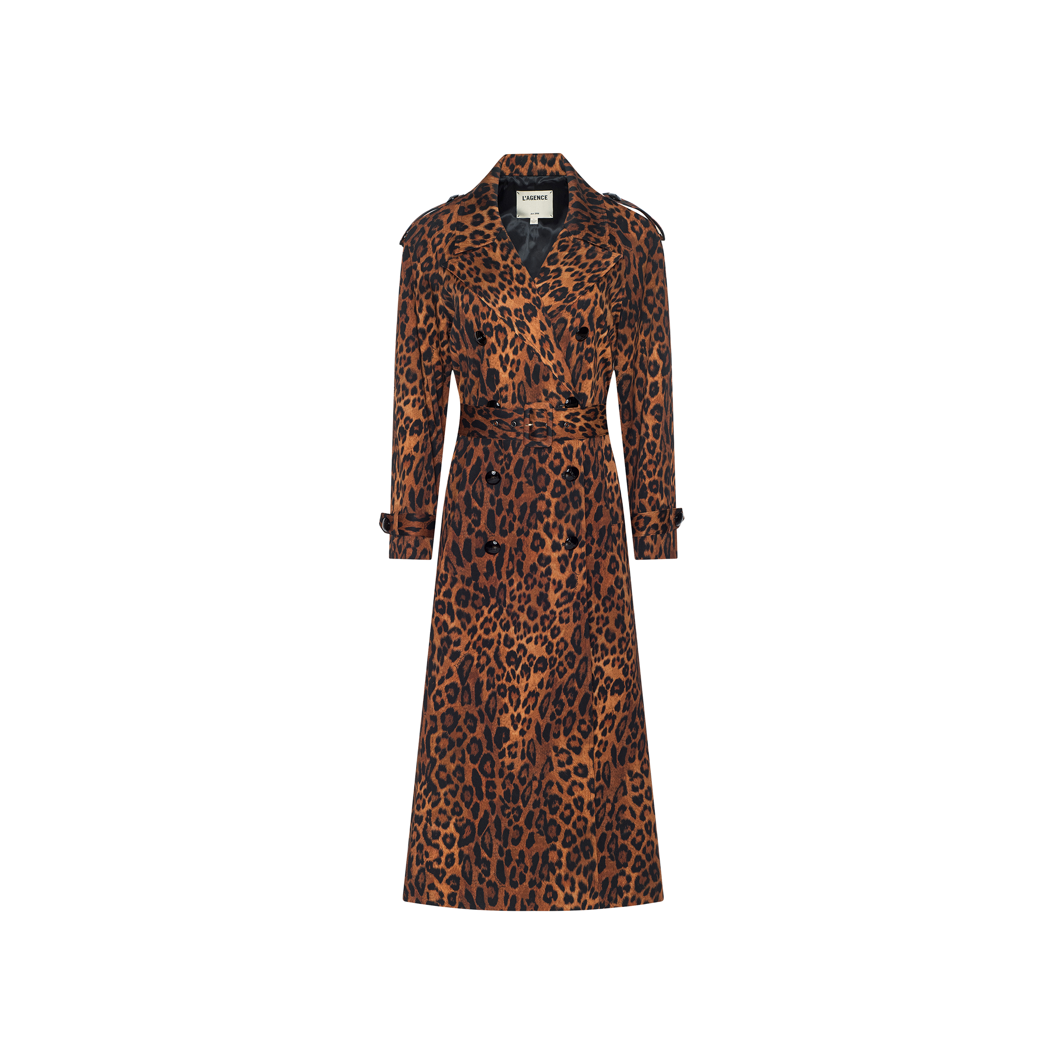 The Brinley Oversized Trench Coat is a long, double-breasted leopard print trench featuring a brown and black pattern, notched collar, and long sleeves, displayed on a plain white background.