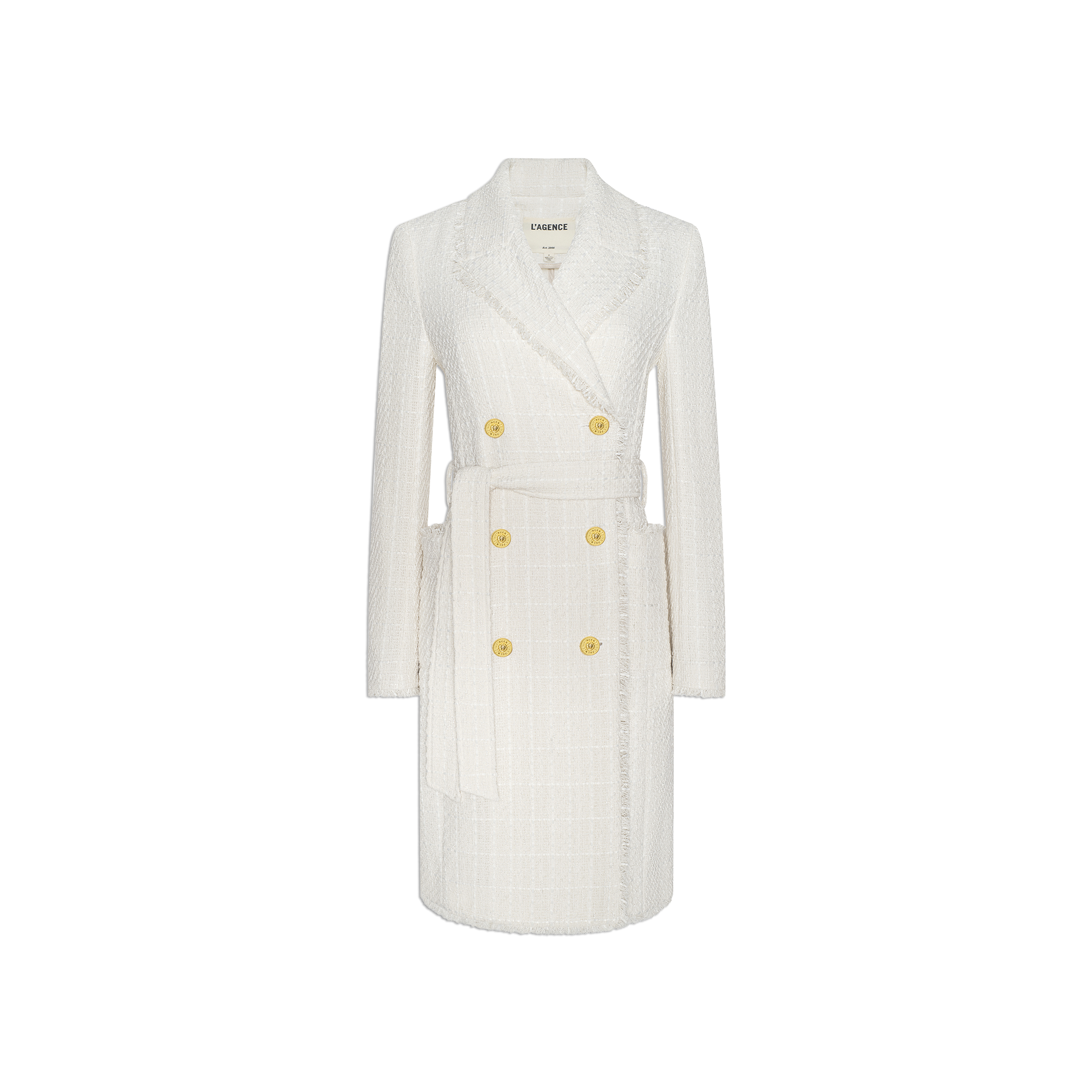 The Cooper Tweed Trench Coat, shown against a plain white background, is a white, knee-length, double-breasted coat crafted from textured tweed with gold buttons and a matching fabric belt that exudes downtown sensibility.