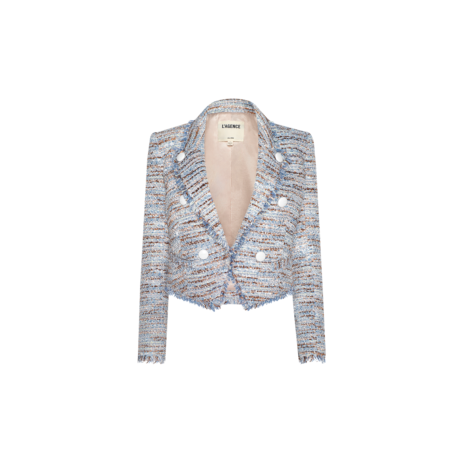 Introducing the Marv Tweed Blazer—a cropped, boxy-fit blazer crafted from a mix of pastel tweed. It features long sleeves, frayed edges, and bold double-breasted white buttons. Inside the collar, you’ll find a label reading “ESSENCE.”.