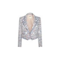 Introducing the Marv Tweed Blazer—a cropped, boxy-fit blazer crafted from a mix of pastel tweed. It features long sleeves, frayed edges, and bold double-breasted white buttons. Inside the collar, you’ll find a label reading “ESSENCE.”.