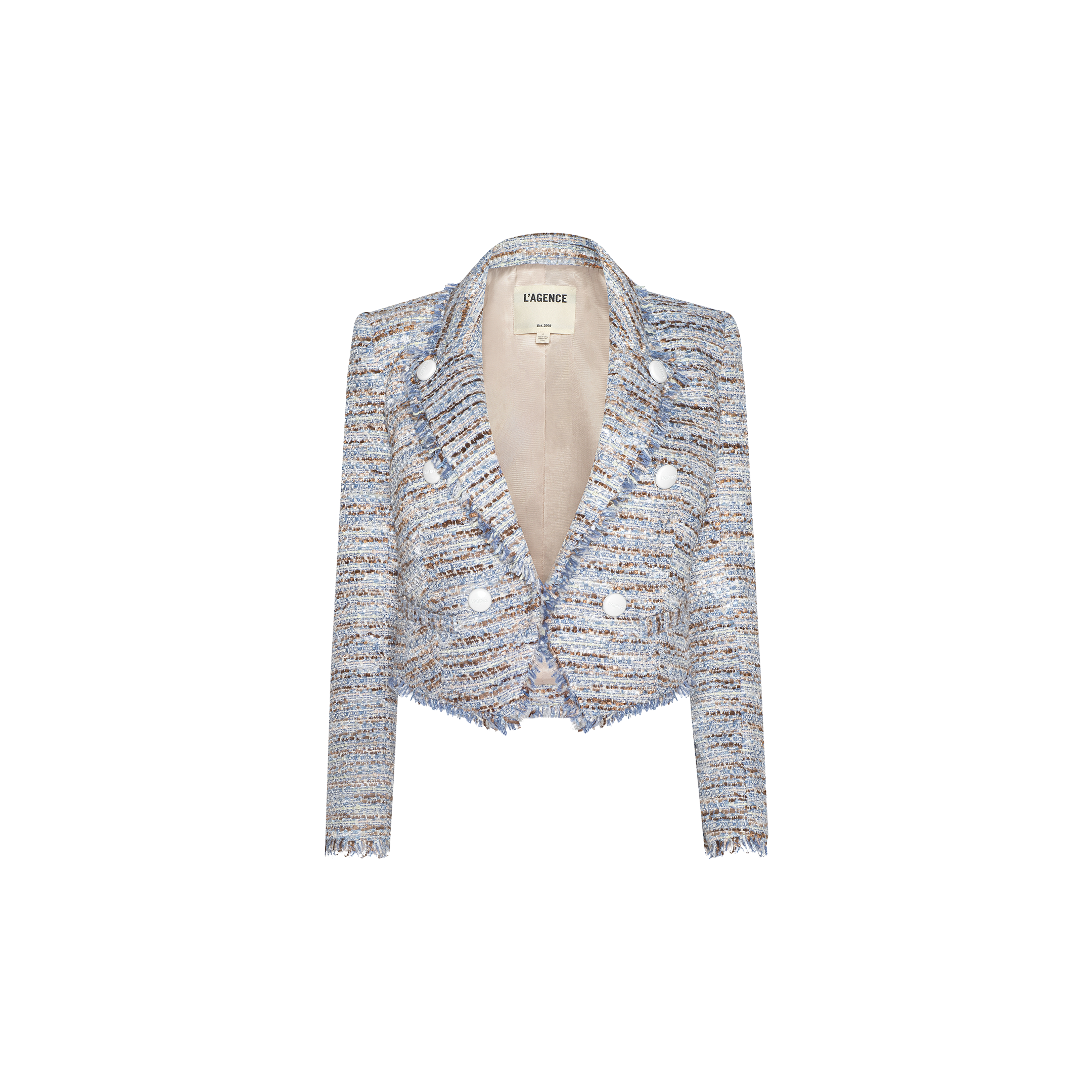 Introducing the Marv Tweed Blazer—a cropped, boxy-fit blazer crafted from a mix of pastel tweed. It features long sleeves, frayed edges, and bold double-breasted white buttons. Inside the collar, you’ll find a label reading “ESSENCE.”.