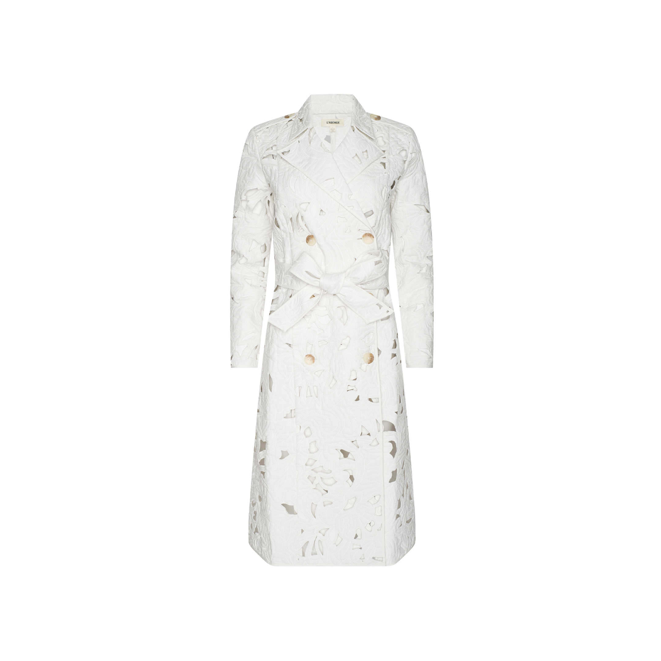 The Aman Trench Coat is a long white trench coat with a belted waist, tailored fit, classic collar, and an intricate cutout floral pattern. Debuted at Paris Fashion Week Spring 2027.