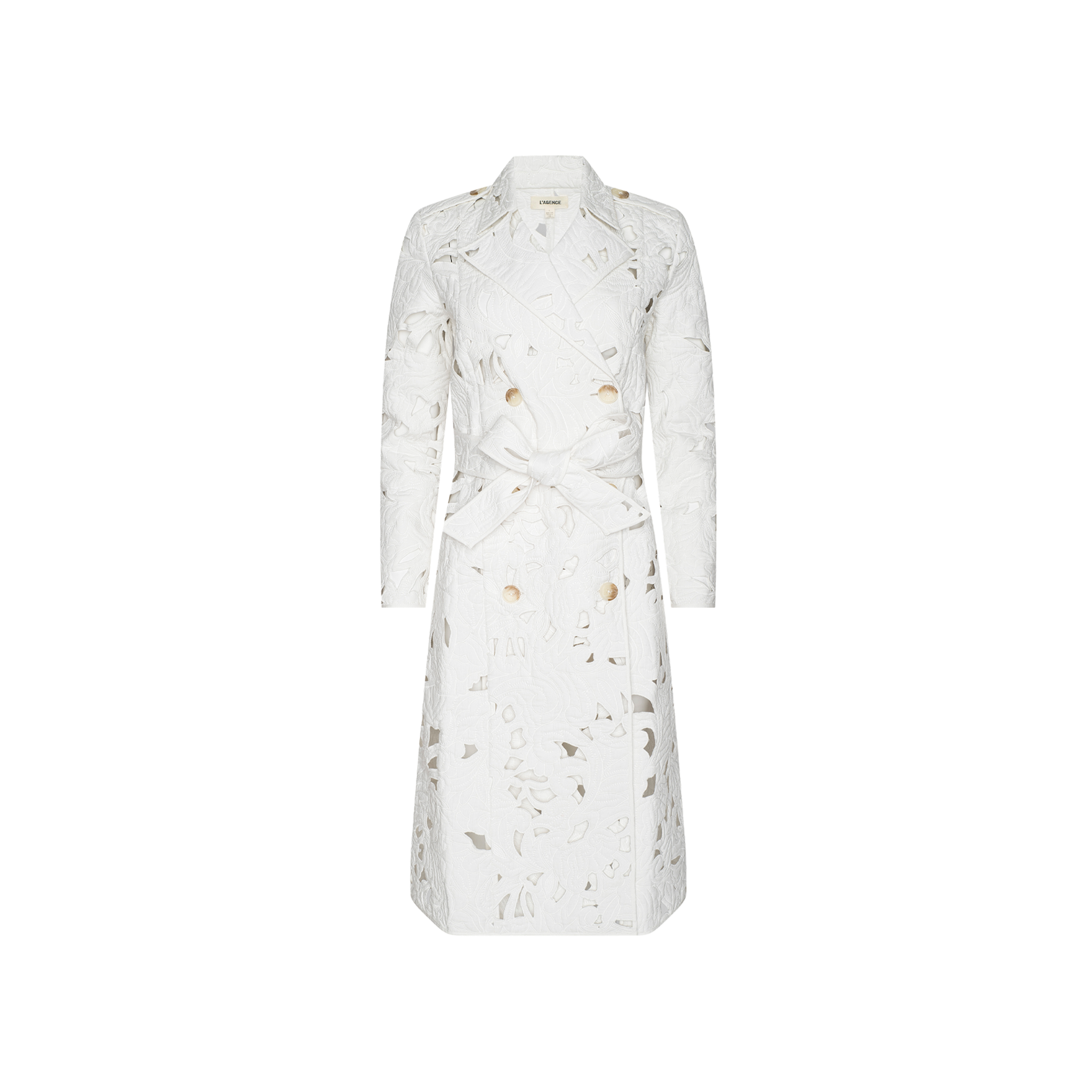 The Aman Trench Coat is a long white trench coat with a belted waist, tailored fit, classic collar, and an intricate cutout floral pattern. Debuted at Paris Fashion Week Spring 2027.