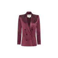 Sena Silk Blazer in merlot red, featuring a double-breasted design with peak lapels and two rows of buttons, displayed on a plain white background.