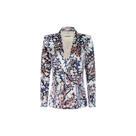 The Sena Silk Blazer is a women’s double-breasted blazer featuring a colorful abstract pattern in shades of blue, purple, and white with a butterfly wing print, displayed on a plain white background.