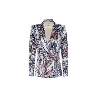 The Sena Silk Blazer is a tailored, double-breasted piece featuring a colorful abstract pattern reminiscent of butterfly wings in shades of purple, blue, pink, and white, shown against a plain white background.
