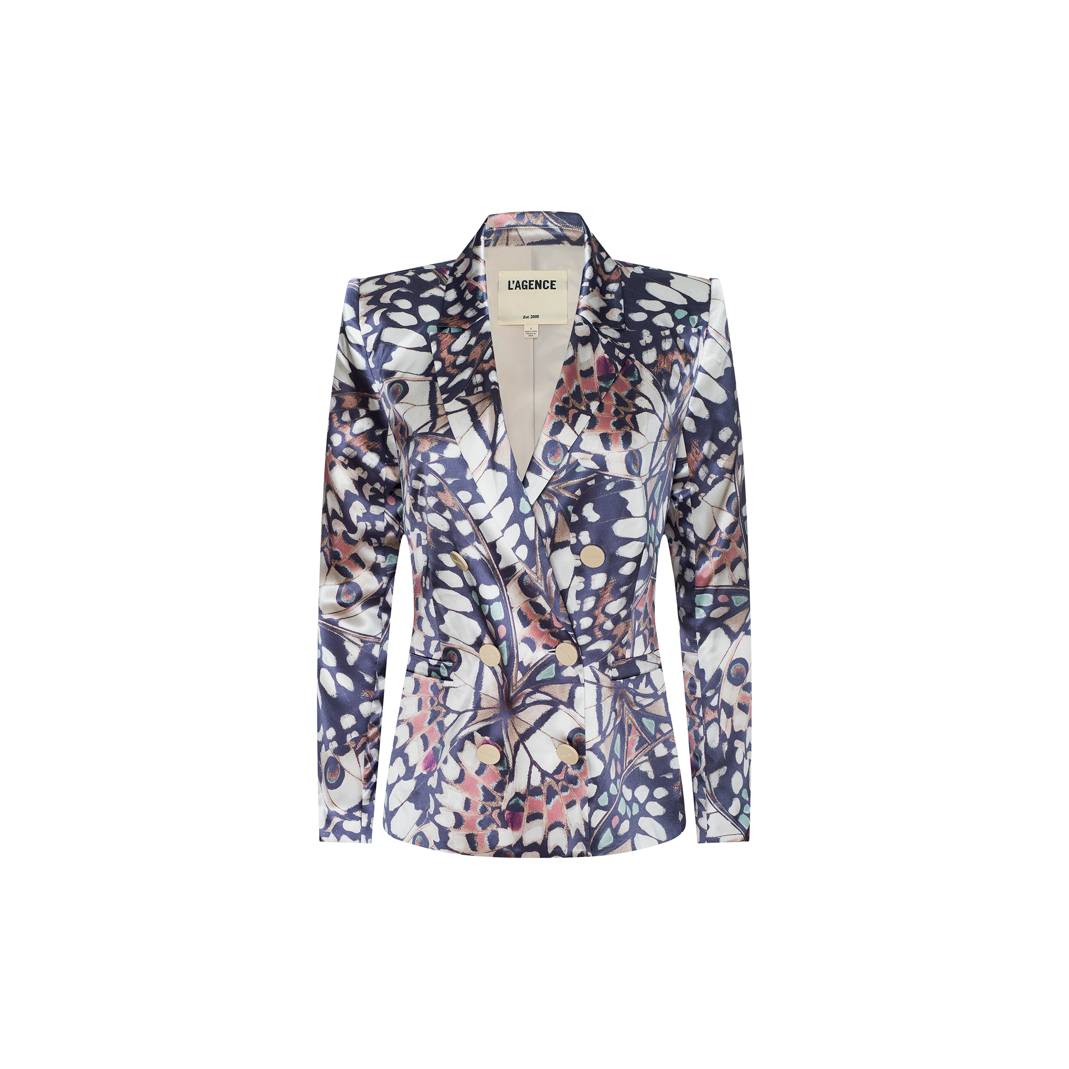 The Sena Silk Blazer is a women’s double-breasted blazer featuring a colorful abstract pattern in shades of blue, purple, and white with a butterfly wing print, displayed on a plain white background.