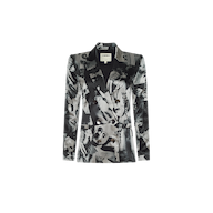 Sena Silk Blazer in a black and white double-breasted style with a statement print featuring faces and text.