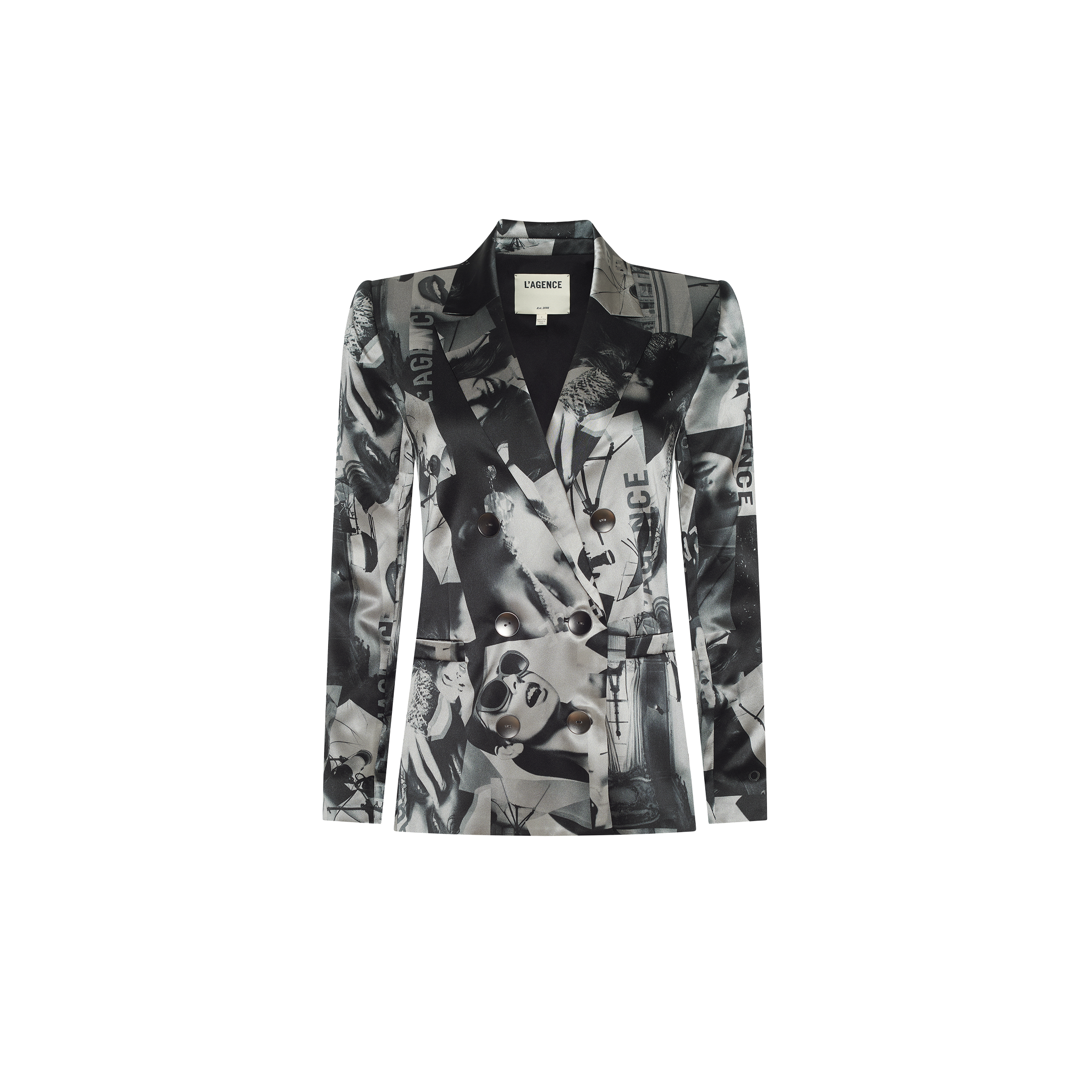 Sena Silk Blazer in a black and white double-breasted style with a statement print featuring faces and text.