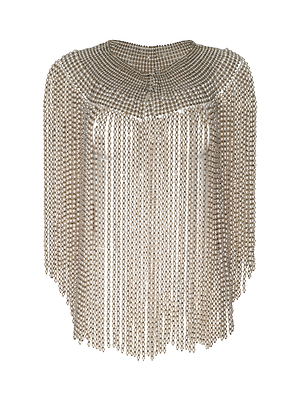 The Yves Cape is a silver metallic fringe capelet featuring rows of cascading chains and simulated pearls from the neckline, creating a shimmering, elegant cover-up with varied fringe lengths for a dramatic, flowing effect.
