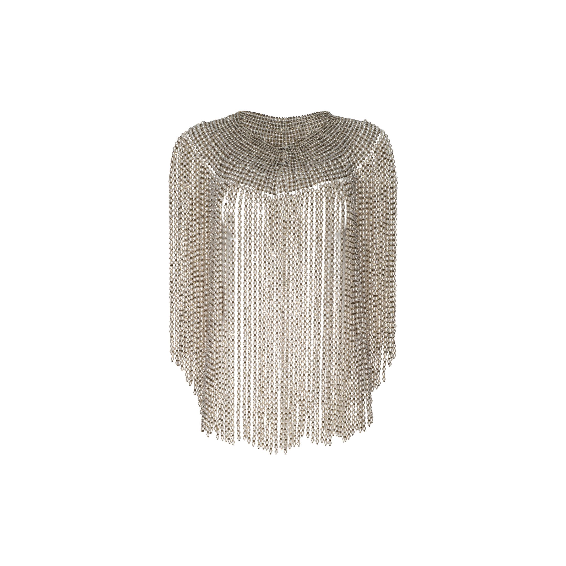 Yves Cape made of cascading metallic chains featuring artisanal refinement and simulated pearls.