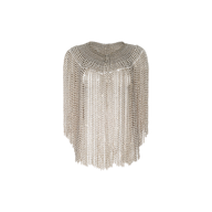 Yves Cape made of cascading metallic chains featuring artisanal refinement and simulated pearls.