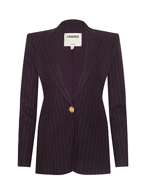 The Sheila Longline Blazer is a dark burgundy pinstripe piece with structured shoulders, a notched lapel, and a single gold button, featuring the LAGENCE label inside the collar.
