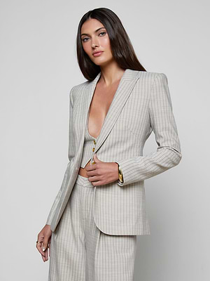 L'agence Sheila Longline Blazer in Grey/Tan Pinstripe L'agence Sheila Longline Blazer in Grey/Tan Pinstripe
