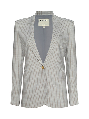 The Sheila Longline Blazer is a light gray pinstripe, single-breasted blazer in Italian wool-blend, featuring a gold button and notched lapel, shown on a white background. The inner label reads LAGENCE.