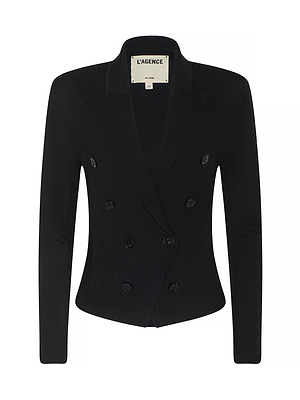 The Emerson Ponte Blazer is a black, double-breasted blazer made from super stretch ponte with six buttons, notched lapels, and a sculpted silhouette. Inside the collar, the label reads LAGENCE.