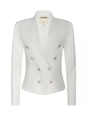The Emerson Structured Blazer is a white, double-breasted jacket with six buttons, structured shoulders, a notched collar, and a sculpted silhouette for a sharp fit. The label inside reads LAGENCE.