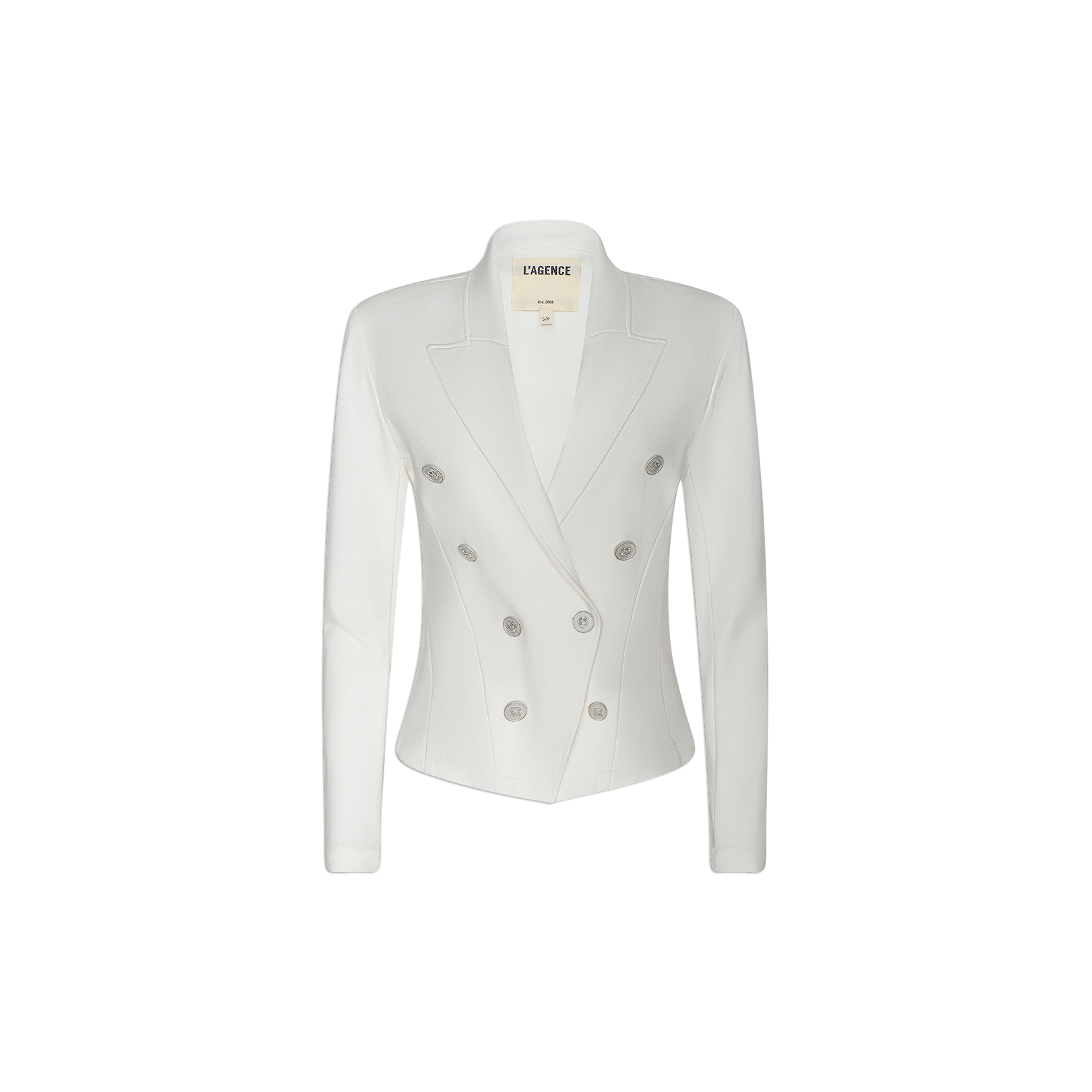 Emerson Ponte Blazer: A white double-breasted blazer with six buttons, crafted from super stretch ponte and featuring a tailored fit, notched lapels, and long sleeves, displayed on a plain white background.