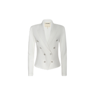 Emerson Ponte Blazer: A white double-breasted blazer with six buttons, crafted from super stretch ponte and featuring a tailored fit, notched lapels, and long sleeves, displayed on a plain white background.