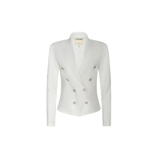 The Emerson Ponte Blazer, featuring a crisp white hue, a double-breasted design with six buttons, and a notched lapel, expertly tailored for a timeless look, is shown against a plain white background.
