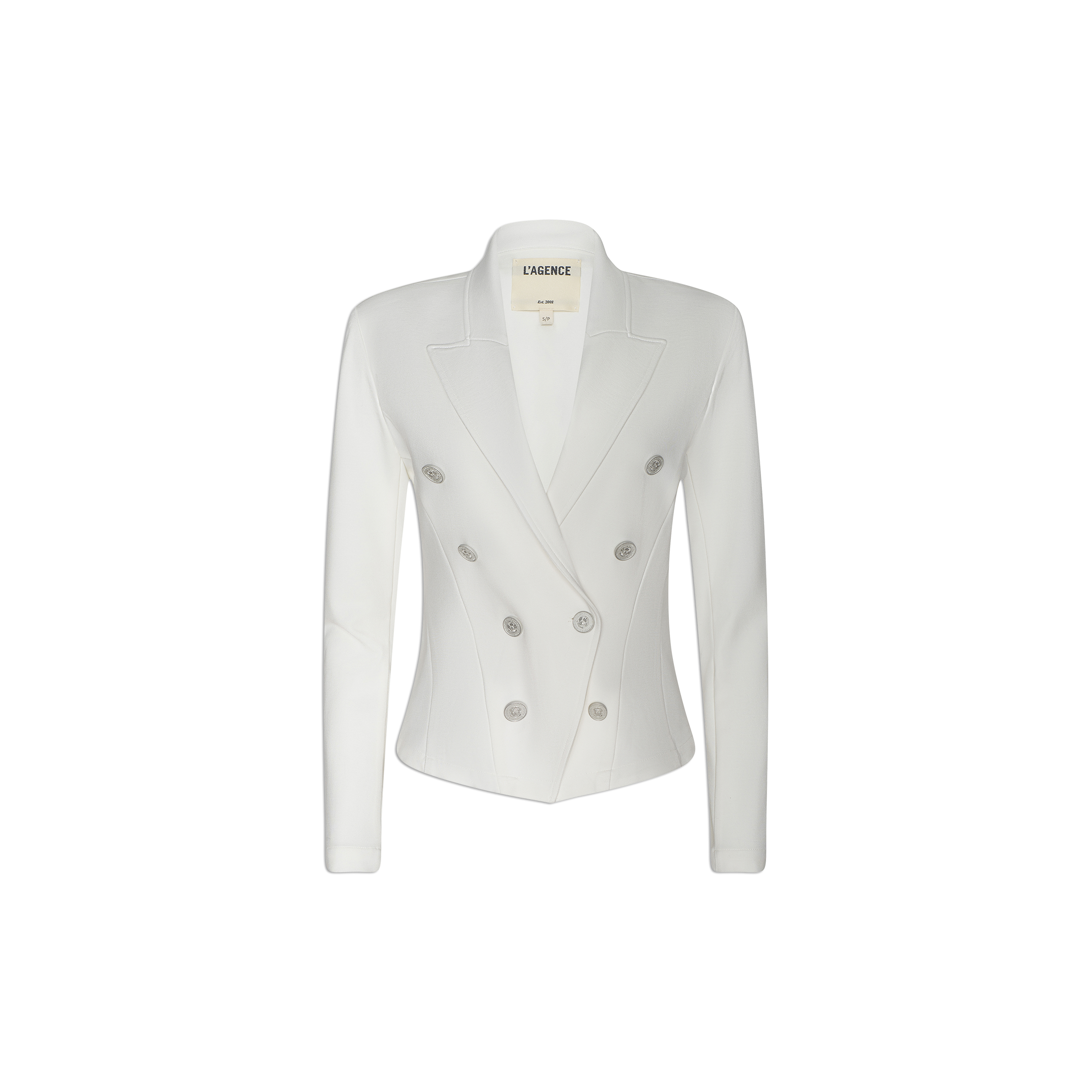 Emerson Ponte Blazer: A white double-breasted blazer with six buttons, crafted from super stretch ponte and featuring a tailored fit, notched lapels, and long sleeves, displayed on a plain white background.