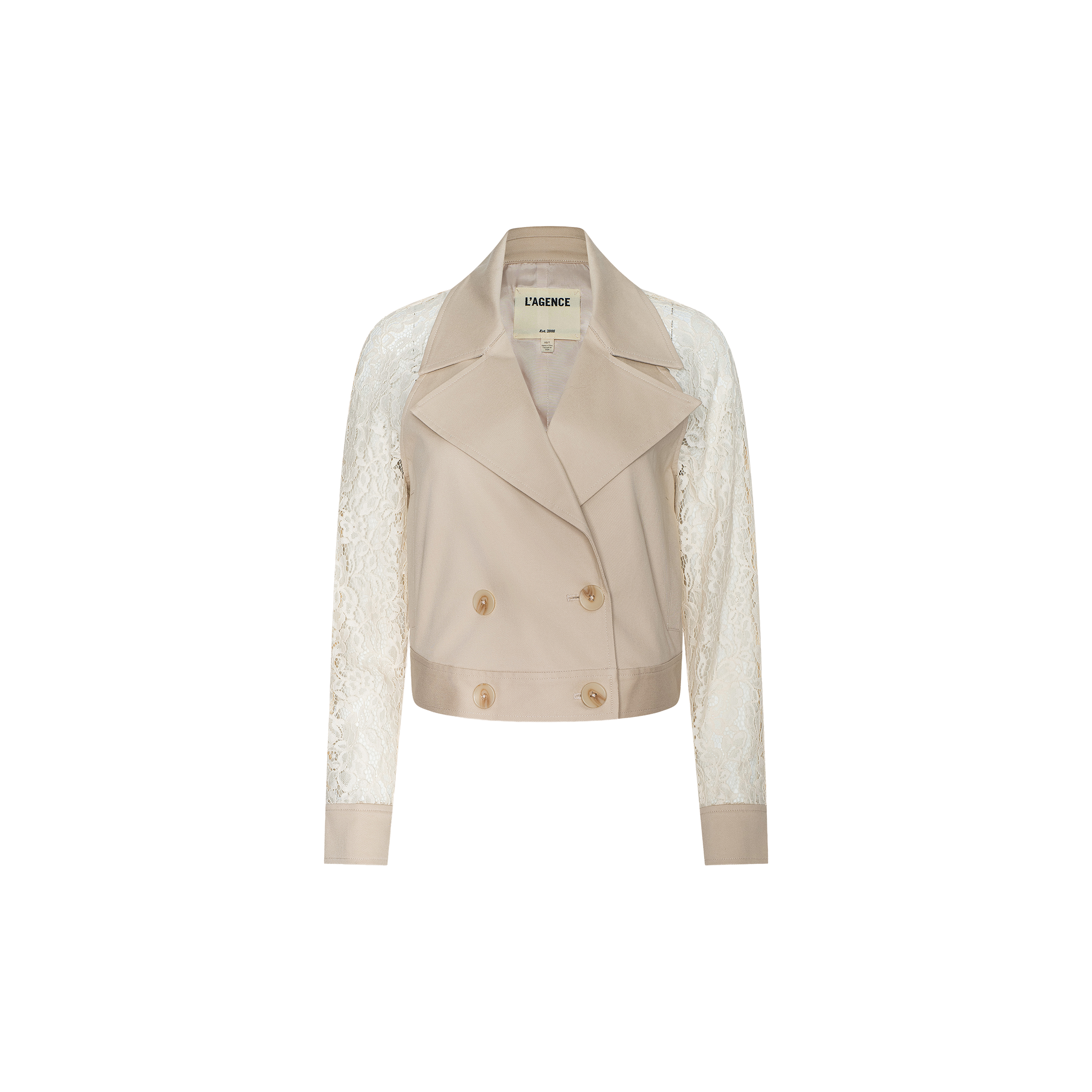 The Novelle Lace Trench is a beige cropped double-breasted trench coat with floral lace sleeves and a wide lapel, displayed against a plain white background. This lightweight layer adds elegance to any outfit.