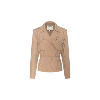 The Calida Windbreaker Trench is a light brown, long-sleeved trench coat featuring a belted waist, button details, and a notched collar. Crafted from water-repellent nylon, it is displayed against a plain white background.