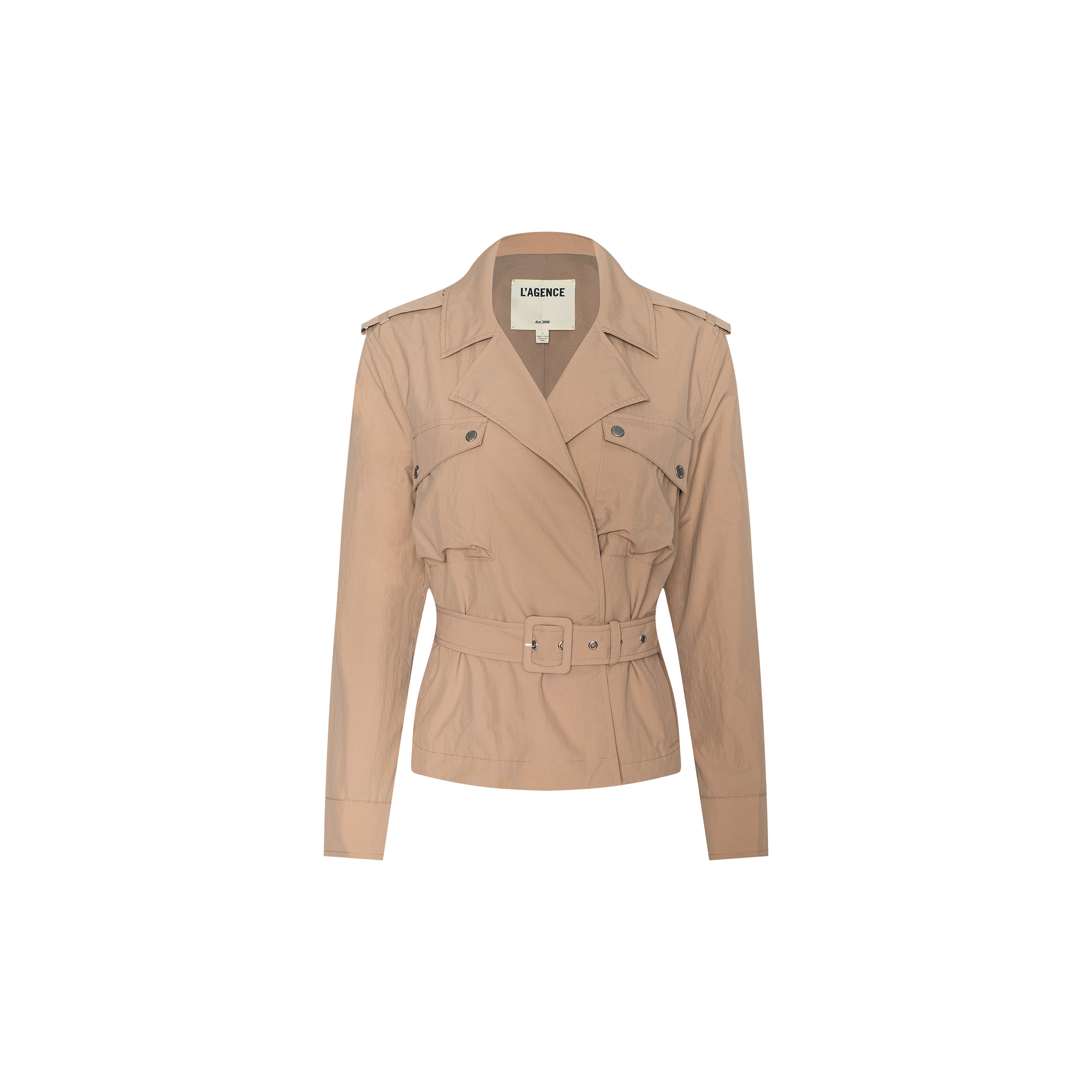 Calida Windbreaker Trench in beige, featuring a water-repellent finish, lapel collar, buttoned front, long sleeves, and shoulder epaulets, displayed against a plain white background.