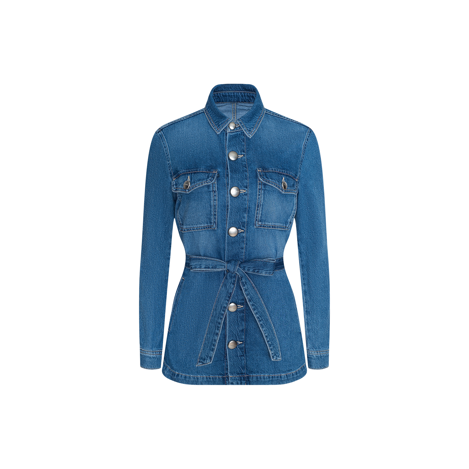 Samaya Jean Jacket in blue lightweight denim featuring long sleeves, a tie belt at the waist, silver front buttons, and two chest pockets. Shown against a plain white background.