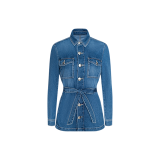 Samaya Jean Jacket in blue lightweight denim featuring long sleeves, a tie belt at the waist, silver front buttons, and two chest pockets. Shown against a plain white background.