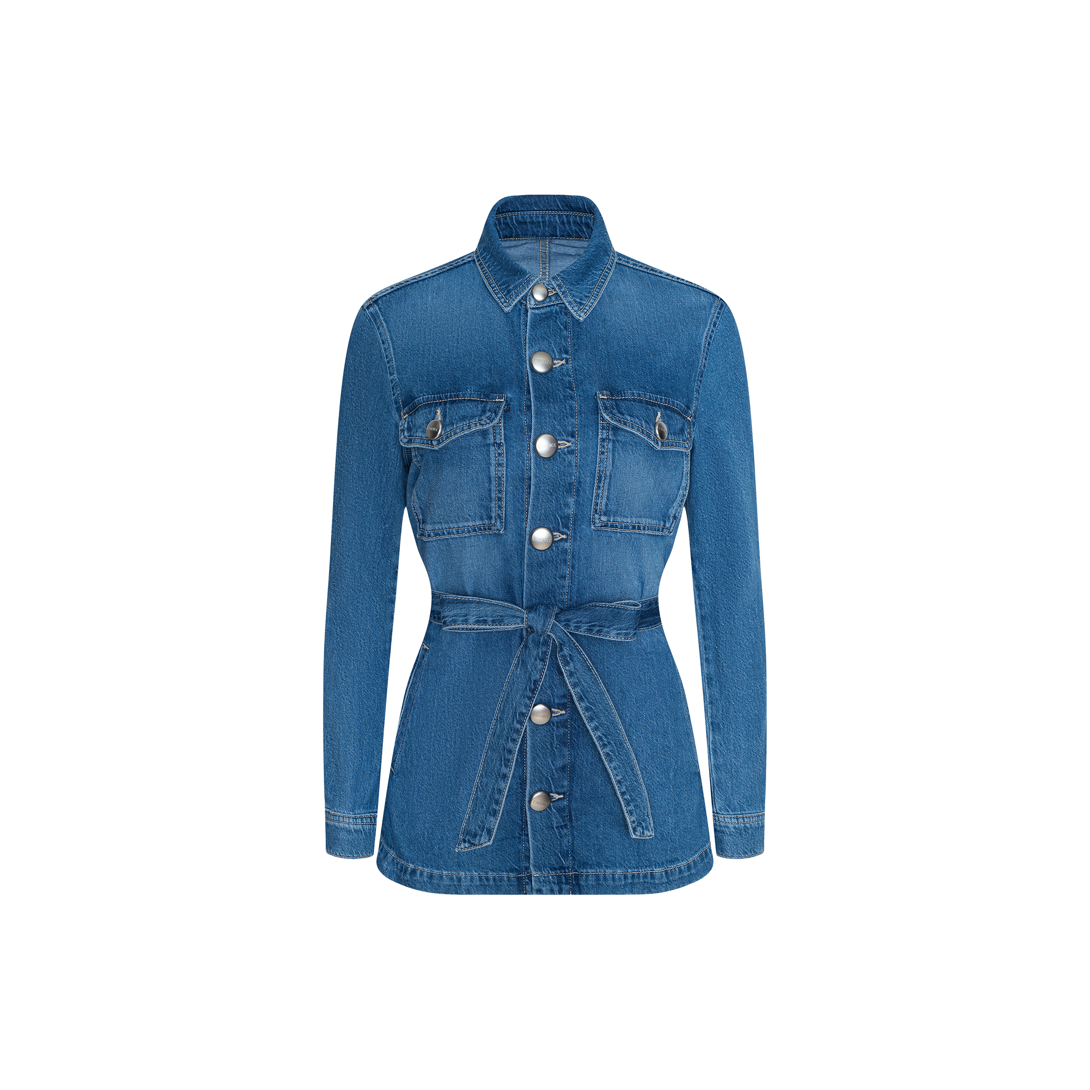 Samaya Jean Jacket in blue lightweight denim featuring long sleeves, a tie belt at the waist, silver front buttons, and two chest pockets. Shown against a plain white background.