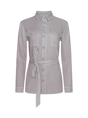 The Samaya Linen Jacket is a light gray, utility-style long-sleeve button-up shirt with a collar, front flap chest pockets, and a matching tie belt at the waist. Displayed on a plain white background.