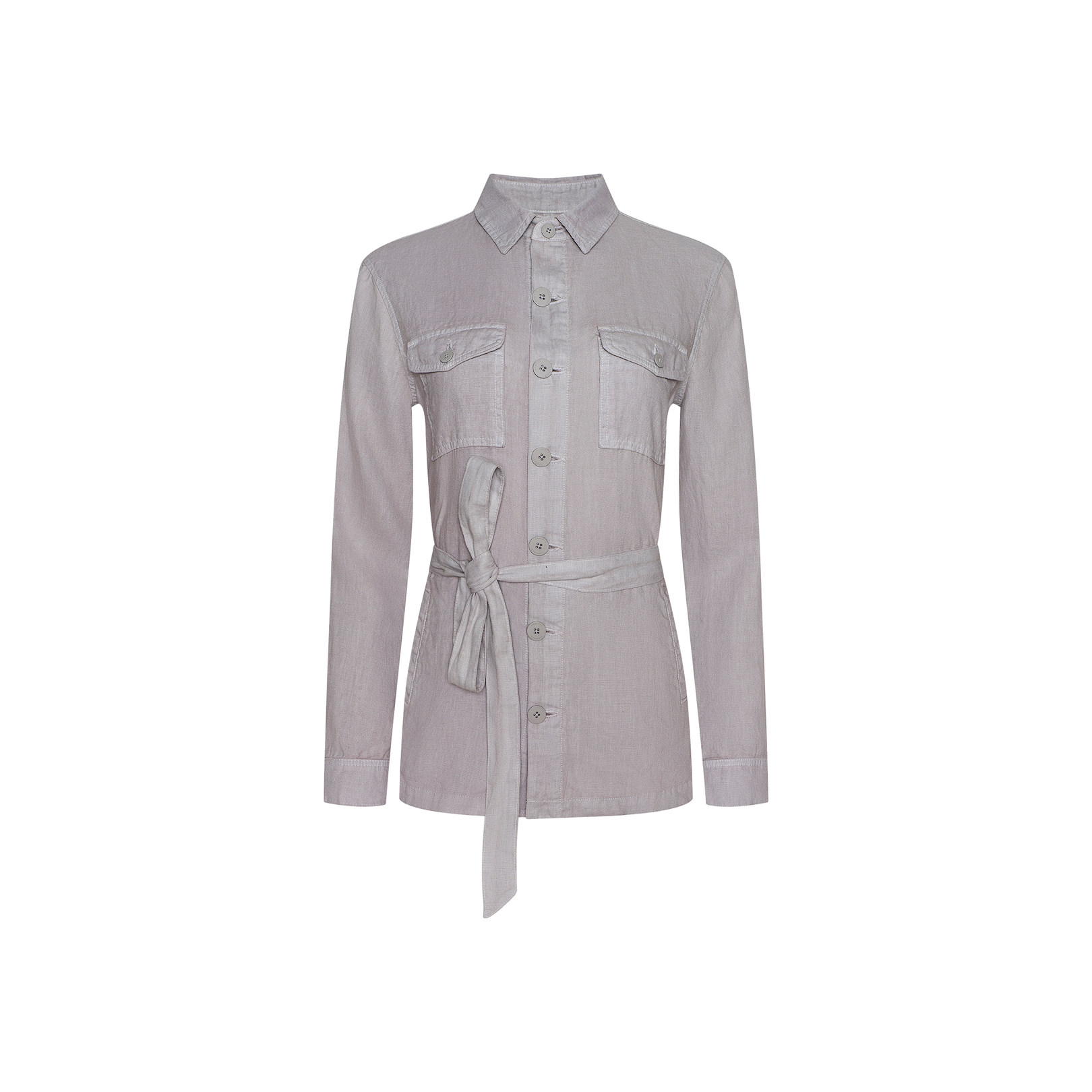 The Samaya Linen Jacket in light gray features long sleeves, front buttons, two chest pockets, a classic collar, and a matching tie belt at the waist, displayed on a plain white background.