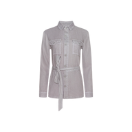 The Samaya Linen Jacket is a light gray, long-sleeve utility style featuring a collar, chest pockets, and a matching fabric belt tied at the waist. Shown against a plain white background.